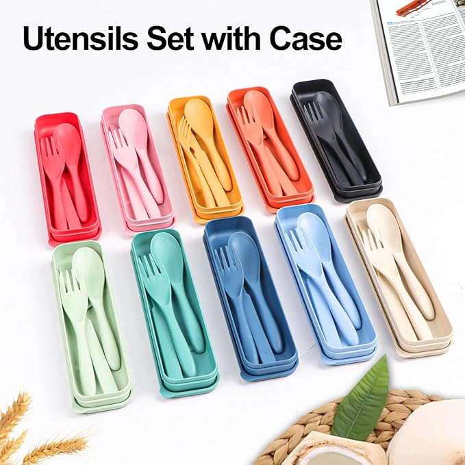 Reusable Travel Utensils Set with Case, 2 Sets Wheat Straw Portable Plastic Fork Spoons Knife Camping Cutlery, Eco-Friendly BPA Free Lunch Tableware Travel Picnic Utensils for Kids Adults Daily Use