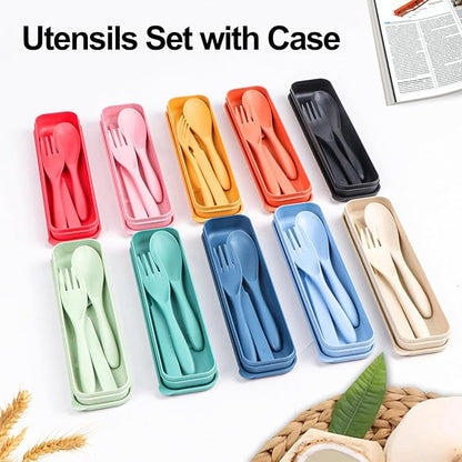 Reusable Travel Utensils Set with Case, 2 Sets Wheat Straw Portable Plastic Fork Spoons Knife Camping Cutlery, Eco-Friendly BPA Free Lunch Tableware Travel Picnic Utensils for Kids Adults Daily Use