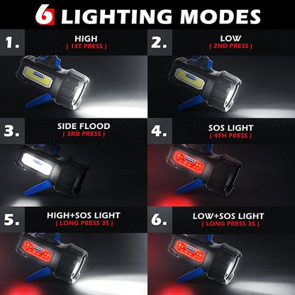 FORTO Rechargeable Spotlight Flashlight with 2000 Lumens, Handheld Spotlight with Foldable Stand, 6 Light Modes IPX7 Waterproof LED Spot Lights Outdoor for Boating Hunting Camping Hiking(Blue)