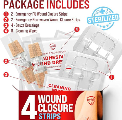 Emergency Wound Closure Strips - 4pk - 2 Types Laceration Closure Kit - Stitchless & Easy to Use - Butterfly Bandages