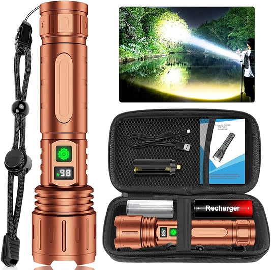 Flashlights High Lumens Rechargeable, 100000 Lumens Super Bright LED Powerful Flashlight, Type-C, 5 Modes, Zoomable, IPX5 Waterproof High Powered Tactical Flash Light for Emergency Camping,Brown