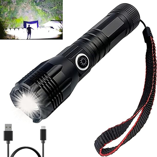 Ultra-Bright 10000 Lumen Rechargeable LED Flashlight - Zoomable, Water-Resistant, and Adjustable Brightness - Versatile Emergency Torch with 4 Modes for Outdoor Activities - Ideal for Camping, Hiking