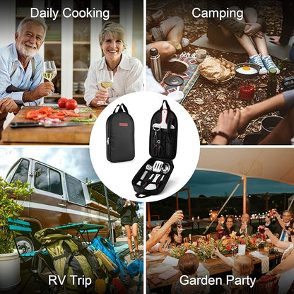 Odoland 8 Pcs Camping Cookware Utensils Travel Set, Camp Kitchen Utensil Organizer with Tongs, Scissors, Cutting Board, Rice Paddle and Water Resistant Case for Backpacking, Outdoor Camping