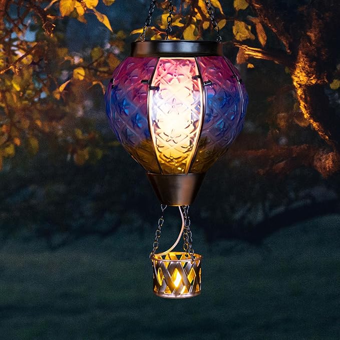 Hot Air Balloon Solar Lantern with Candle Holder,Glass Hanging Solar Lantern with Flickering Flame,Solar Lanterns Outdoor Waterproof for Lawn Patio Porch Tree Decor