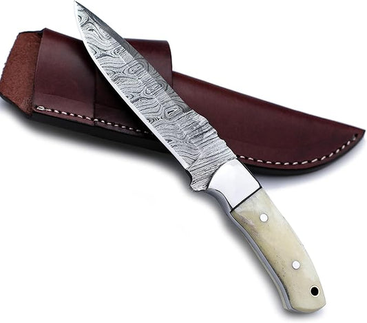 Handmade Damascus Steel Knife Bowie for Hunting,Survival,Camping,Bushcraft,Fixed Blade Dagger with Drop Point Full Tang Micarta Handle, Leather Sheath - WKD-781