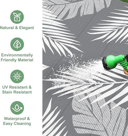 Outdoor Rug 9' x 12' for Patio Waterproof Clearance, Reversible Indoor Outdoor Plastic Straw Camping Rug Carpet, RV Mat, Large Area Rug for Deck, Backyard, Balcony, Porch, Beach,Grey and White