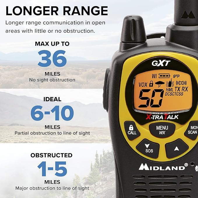 Midland 50 Channel GMRS Two-Way Radio - Long Range Walkie Talkie with 142 Privacy Codes, SOS Siren, and NOAA Weather Alerts and Weather Scan (Black/Yellow, Pair Pack)