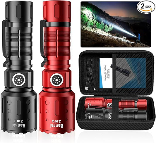 Rechargeable Flashlights 20,000 High Lumens, 1500M Long Throw Super Bright LED Small Powerful Flashlight with Memory Function, 6Modes Pocket Waterproof Flash Light for Camping,Hiking (2, Black/Red)
