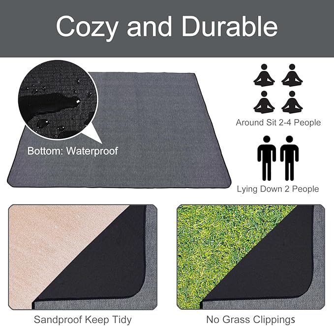 Grey Picnic Blanket with Strap, 60'' x 80'' Sandproof Beach Mat with Storage Bag, Waterproof Outdoor Blanket for Travel Camping Park Beach, Machine Washable (Grey)