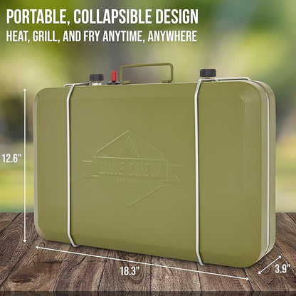 Hike Crew Gas Camping Stove | 20,000 BTU Portable Propane 2 Burner Stovetop | Integrated Igniter & Stainless Steel Drip Tray | Built-in Carrying Handle, Foldable Legs, Wind Panels | Includes Regulator