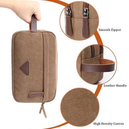 Mactso Mens Travel Toiletry Bag Canvas Leather Cosmetic Makeup Organizer Shaving Dopp Kits with Double Compartments (Coffee)