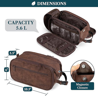 PAVILIA Toiletry Bag for Men Women, Mens Travel Bag Toiletries Organizer Case for Grooming, Travel Essentials Shaving Dopp Kit, PU Leather Water Resistant Cosmetic Pouch, Dark Brown