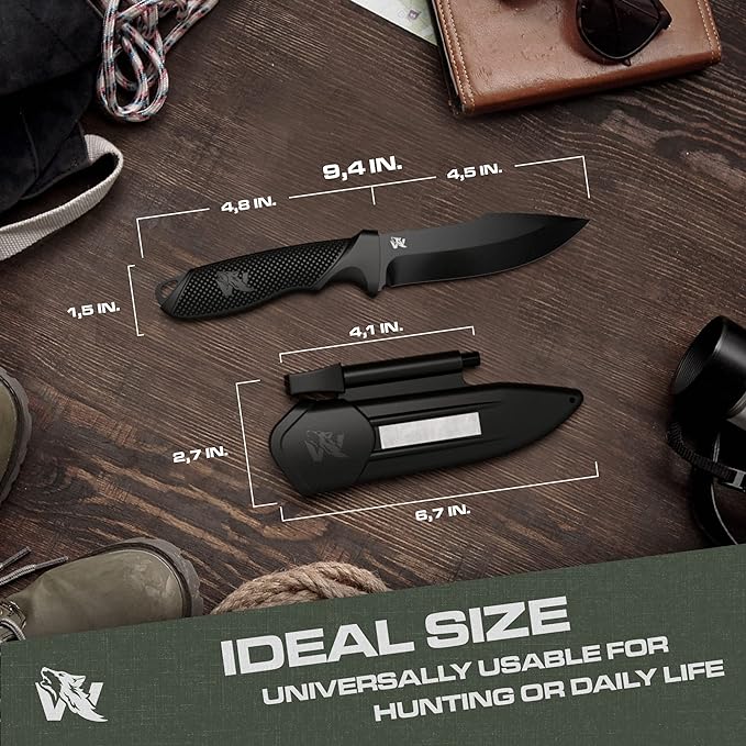 WOLF-III Full Tang Survival Knife with Fire Starter and Sheath - Stylish Tactical Fixed Blade Knife - Made of D2 Steel - Bushcraft and Camping Knife - With Belt Loop, Plug Lock & Multi Lok