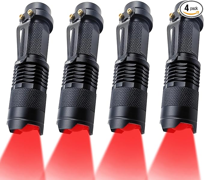 Red Light Flashlight, Single Mode Lightweight Adjustable Focus Portable Red LED Flashlights for Night Hunting Astronomy Aviation，4-Pack