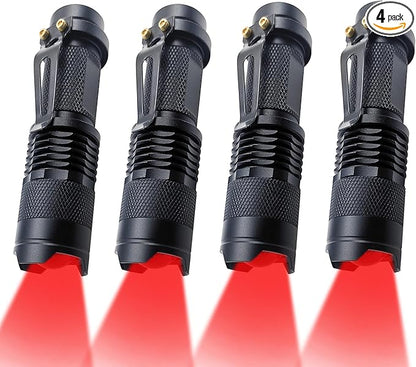 Red Light Flashlight, Single Mode Lightweight Adjustable Focus Portable Red LED Flashlights for Night Hunting Astronomy Aviation，4-Pack