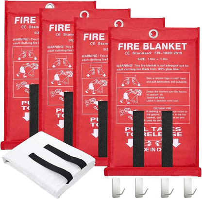 Emergency Fire Blanket for Home,4 Pack Fire Suppression Blanket for Kitchen House Cooking Office Camping, Fiberglass Flame Retardant Blanket, Fire Safety Blanket, 39.3 * 39.3” with Hooks