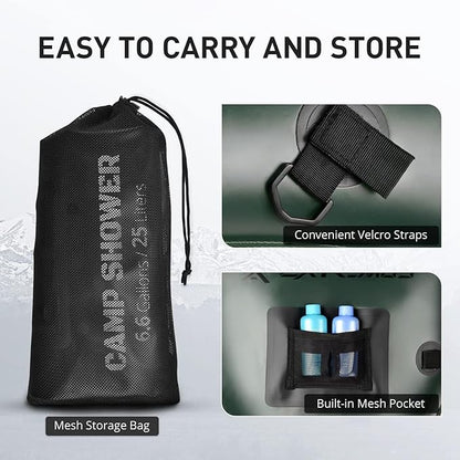 Extremus Rainbow Falls Camping Shower, 6.6 Gallons/25L Camp Shower Bag, Solar Heating PVC Bladder, Built in Thermometer, Mesh Pocket, ABS Nozzle System, Portable Solar Shower for Camping