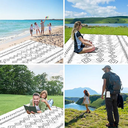 Hand-Drawn Diamonds Beach Blanket Waterproof Sandproof, Large 78''×86'' Compact Beach Mat for 1-4 Adults with Stakes & Sand Pocket, Lightweight Sand Free Picnic Mat Beach Essential
