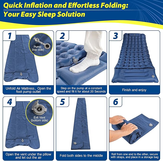 Camping Mattress, Camping Sleeping Pad for Camping, Ultralight Camping Mat with Pillow Built-in Foot Pump Inflatable Sleeping Pads Compact for Camping, Backpacking, Hiking, Traveling, Tent(Blue)