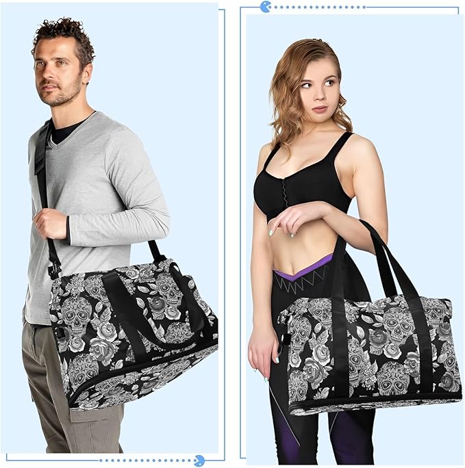 Skull Weekender for Women, Gym Sports Duffle With Flowers, Travel Tote With Toiletry Bag, Shoes Compartment, Dry/Wet Separation Swim Bag