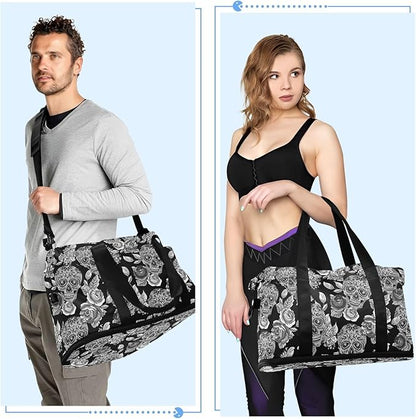 Skull Weekender for Women, Gym Sports Duffle With Flowers, Travel Tote With Toiletry Bag, Shoes Compartment, Dry/Wet Separation Swim Bag