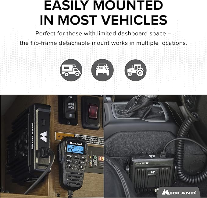 Midland – MXT275 MicroMobile® GMRS Radio – 15 watts Two-Way Radio with Integrated Control Microphone – Overland Caravanning Tractors – Detachable External Magnetic Mount Antenna - 8 Repeater Channels
