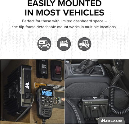Midland – MXT275 MicroMobile® GMRS Radio – 15 watts Two-Way Radio with Integrated Control Microphone – Overland Caravanning Tractors – Detachable External Magnetic Mount Antenna - 8 Repeater Channels