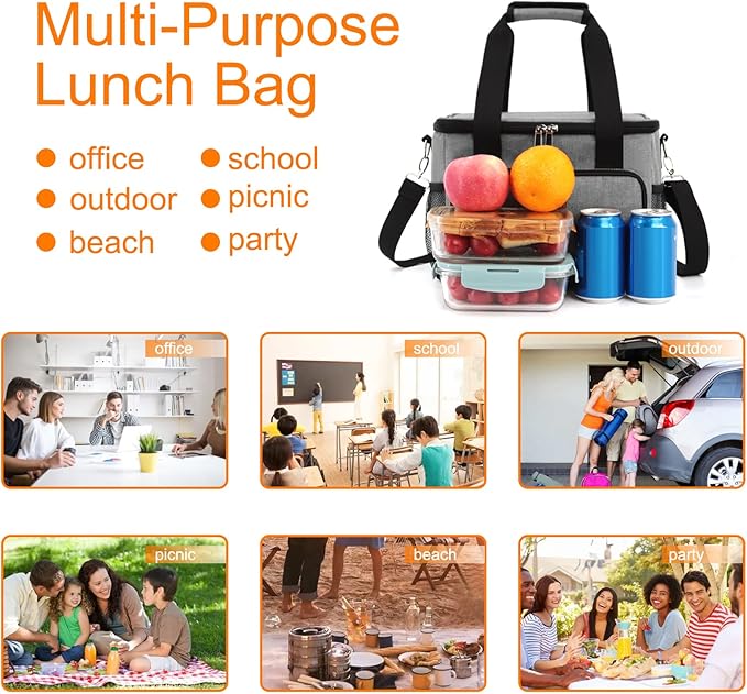 Femuar Lunch Bags for Women/Men, Insulated Lunch Bag for Work Office Picnic - Large Lunch Cooler Bag Leakproof Lunch Box with Adjustable Shoulder Strap for Adults - Grey (15L)