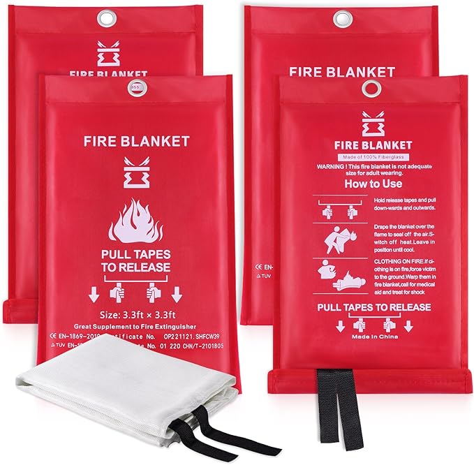 Fire Blankets for Home and Kitchen Emergency Safety – 4 pack 3ft x 3ft Fiberglass Fire Suppression Blanket Suspend Flames Retardant for Cooking Stove Grill Car Garage Office RV Warehouse (4 Pcs)