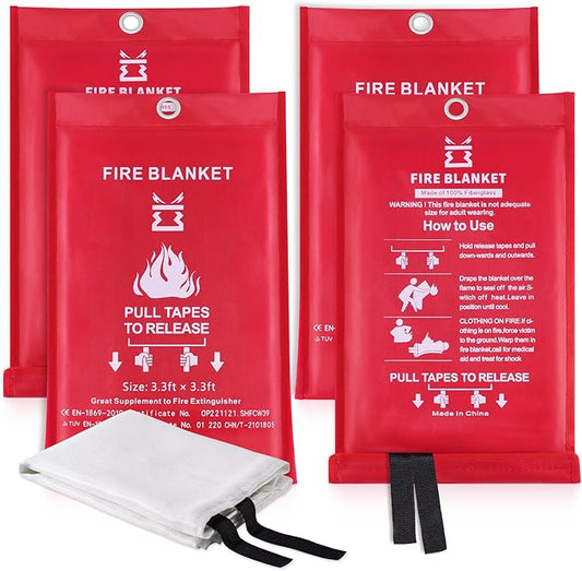 Fire Blankets for Home and Kitchen Emergency Safety – 4 pack 3ft x 3ft Fiberglass Fire Suppression Blanket Suspend Flames Retardant for Cooking Stove Grill Car Garage Office RV Warehouse (4 Pcs)