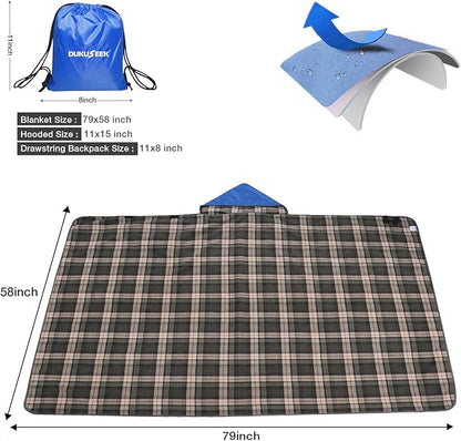 DUKUSEEK Outdoor Stadium Blankets with Hood, Fleece Blankets, Quilted, Extra Thick Fleece, Warm, Windproof, Sandproof, Includes Stuff Sack, Shoulder Strap, Large, 79"x 59"