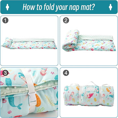 Bunnikins & Clover Toddler Nap Mat with Removable Pillow, Nap Mats for Preschool, Easy Clean Toddler Nap Pad for Kindergarten, Kids Sleeping Bag for Travel Camping