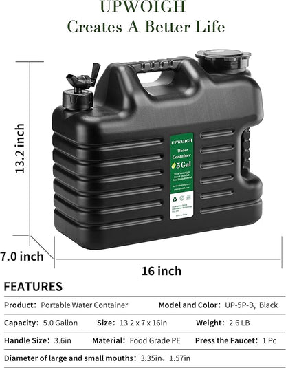 5 Gallon Water Jug(16x13.2x7in)and 2.6Gal Collapsible Water Bag Set of 2,BPA Free Water Tank Overlanding Gear Containers, Camping Essential Leak-Proof Black Portable Water Storage, Outdoors Hiking RV
