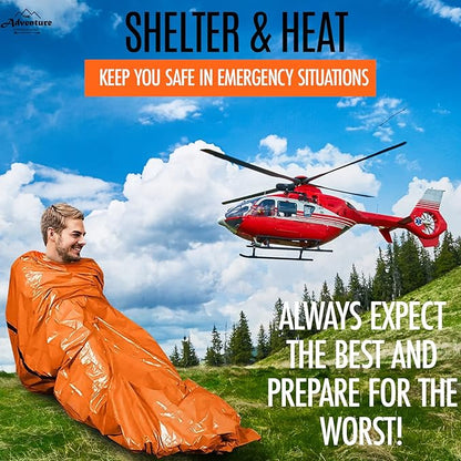 Emergency Sleeping Bag & Tent Shelter, Stocking Stuffer! Combo Prepper kit Survival Tent, Bivy Sack Tent, Sleeping Bag, Fire Starter + Whistle, Mylar Thermal Adventure Supply Co.