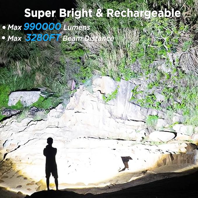 Flashlights High Lumens Rechargeable, Super Bright 990000 Lumens Flashlights with USB Cable, Brightest LED Flashlight for Emergencies, High Powered Flash Light IPX6 Waterproof 7 Light Modes Zoomable