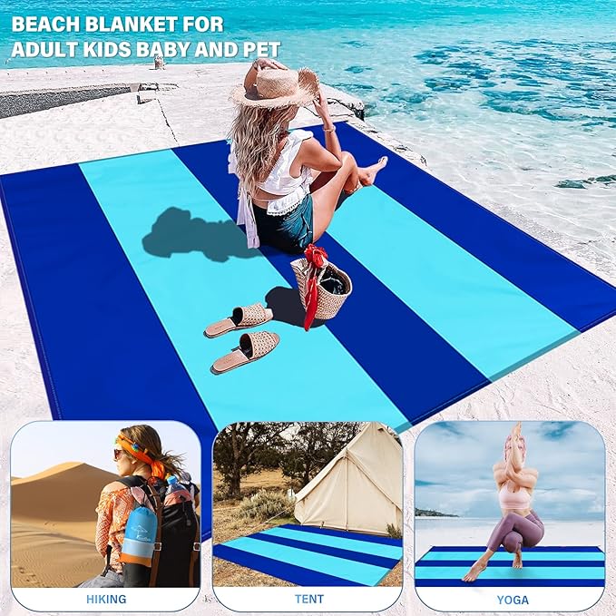 Beach Blanket Oversized Extra Large 10'X 9',Waterproof Sandproof Beach Blanket 2-8 Adults Lightweight Durable for Travel Camping Hiking Picnic (10'X 9', Blue2)