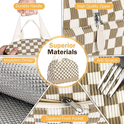 Lunch Box Lunch Bag for Women Men, Leakproof, Insulated Lunch Box Tote with Large Capacity, Lunch Container for Work/Office (Corduroy Khaki Grid)