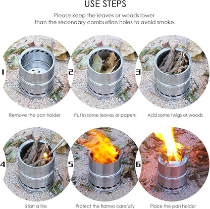 CANWAY Camping Stove, Wood Stove/Backpacking Survival Stove, Windproof Anti-Slip Portable Stainless Steel Wood Burning Stove with Nylon Carry Bag for Outdoor Backpacking Hiking Traveling Picnic BBQ