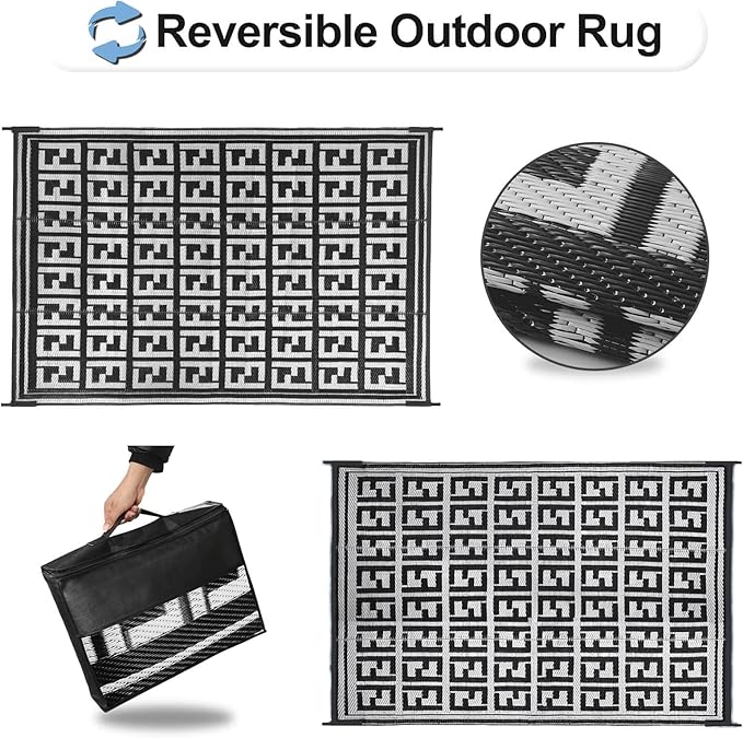 OutdoorLines Outdoor Plastic Area Rugs for Patio 5x8 ft - Reversible Outside Carpet, Stain & UV Resistant RV Mats, Straw Rug for Camping, Deck Garden, Porch and Balcony, Geometry Black & Light Grey