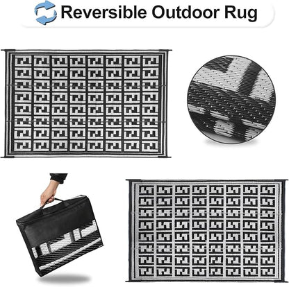 OutdoorLines Outdoor Plastic Area Rugs for Patio 5x8 ft - Reversible Outside Carpet, Stain & UV Resistant RV Mats, Straw Rug for Camping, Deck Garden, Porch and Balcony, Geometry Black & Light Grey