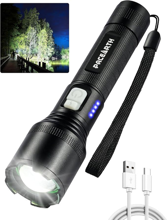 PACEARTH Tactical Flashlights High lumens, Rechargeable Flashlights with 5 Modes LED Flashlight Adjustable, Zoomable Waterproof 2000LM Brightest Flashlight for Emergencies, Camping, Hiking