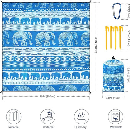 Beach Blanket Waterproof Sandproof Beach Mat for 1-8 Adults Quick Drying Durable Outdoor Picnic Mat for Beach Festival Travel Camping Hiking (Elephant-GC BL, 79"×83"(4 Person))