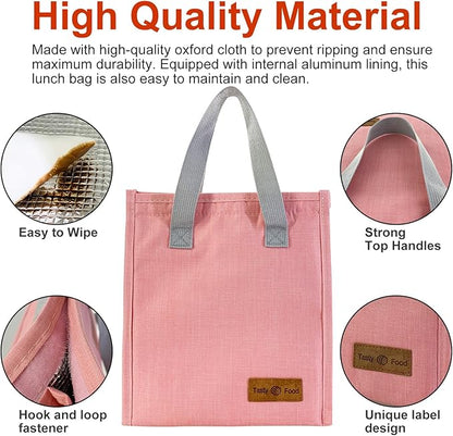 Mziart Minimalist Lunch Bag, Reusable Insulated Bag for Women Men Box Container Leakproof Simple Bento Tote Adults Cooler Work Office Picnic or Travel (Pink) M23HK-LB-005-JJ