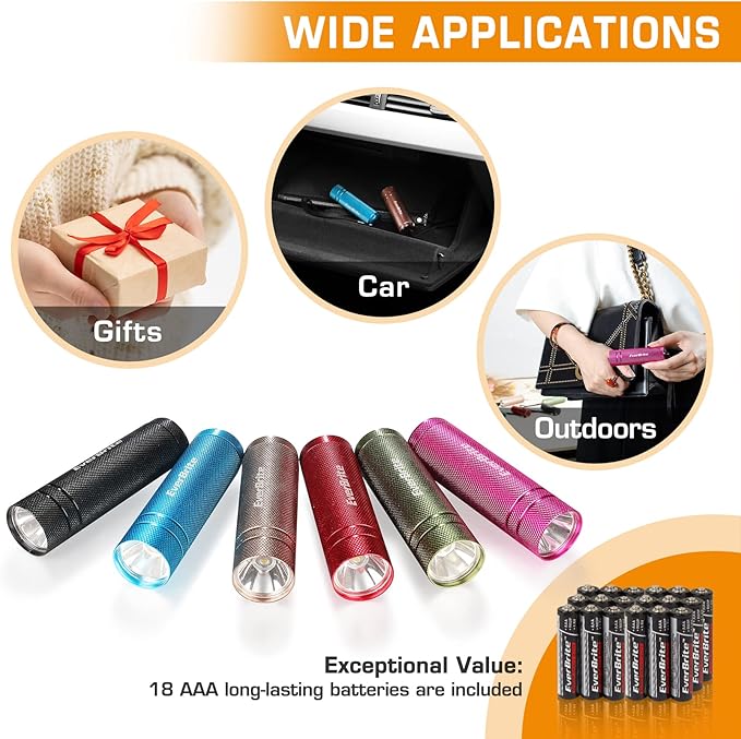 EverBrite 6-Pack Mini Flashlight Set, Aluminum LED Handheld Torches with Lanyard, Assorted Colors, Batteries Included for Party Favors, Night Reading, Camping, Power Outage, Gift to Christmas