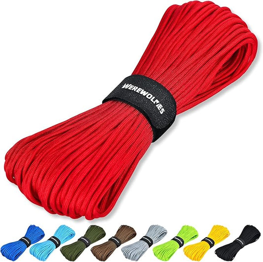 WEREWOLVES Paracord Rope, 7 Strand Type III Parachute Cord 4mm 100ft / 200ft for Crafting, DIY Projects, Survival Bracelets (Red, 100 ft)