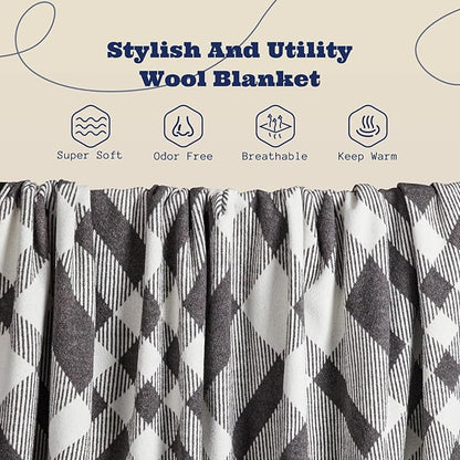 ACUSHLA Merino Wool Blanket - Soft Warm Thick Washable Large Throw Blanket for Camping Bed Couch Outdoor Travel All Weather, Scottish Plaid Grey 79X63