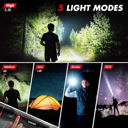 SUBOOS X50 Pro LED Rechargeable Flashlight, Super Bright 15000 Lux, Long Lasting, USB-C, Compact, Heavy Duty, Tactical 5 Modes, 250M Range, Small Wateproof Flash Light for Fishing, Camping