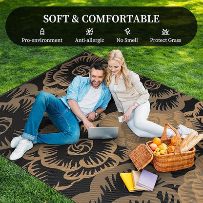 MontVoo Outdoor Rug 8x10 Waterproof Patio Rug-Outdoor Carpet Mat Reversible Plastic Straw Outside Outdoor Rug for RV Camping Picnic Beach Balcony Backyard Pool Deck Farmhouse Floral Black Brown