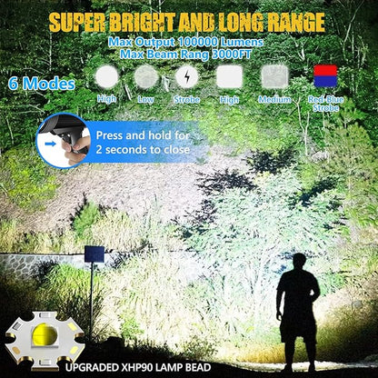 100000 Lumen Spotlight, Led Rechargeable Spotlight Flashlight with Tripod, 6 Modes and 3 Colors Filter, Super Bright Solar Spot Lights Outdoor Handheld for Hunting, Boating, Camping