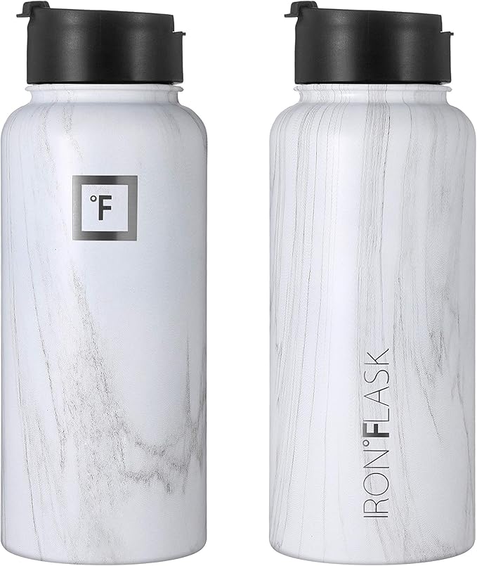 IRON °FLASK Camping & Hiking Hydration Flask, Wide Mouth, 3 Straw Lids, Stainless Steel Outdoor Water Bottle, Double Walled, Insulated Thermos, Metal Canteen - Carrara Marble, 32 Oz